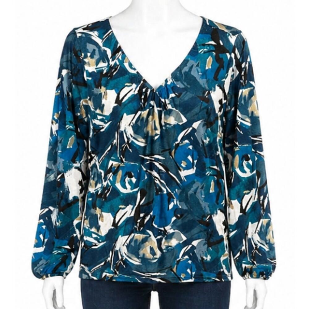 a new approach Blouse Size L Green Abstract V Neck Long Sleeve 100% Modal